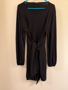 Long-Sleeve Black Tie-Waist Dress